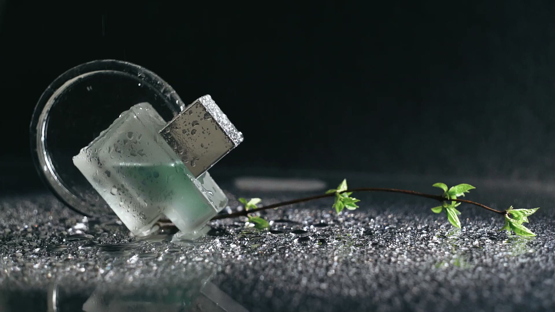A tilted frosted perfume bottle with water spray and a green twig on a dark wet surface.